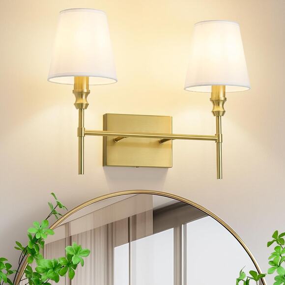Unbranded Other - 2-Light Brushed Brass Bathroom Vanity Light with White Fabric Shades